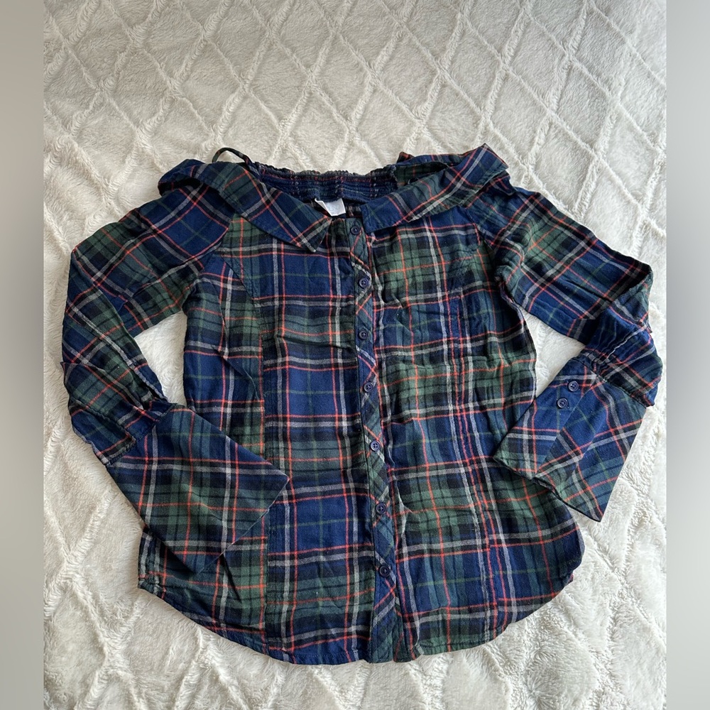 Nordstrom Abound plaid shirt with off the shoulder look but with straps